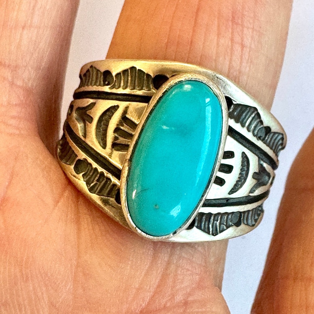 Navajo Turquoise Band Sz 10 Ring Signed Francis Sterling Native Amer USA
